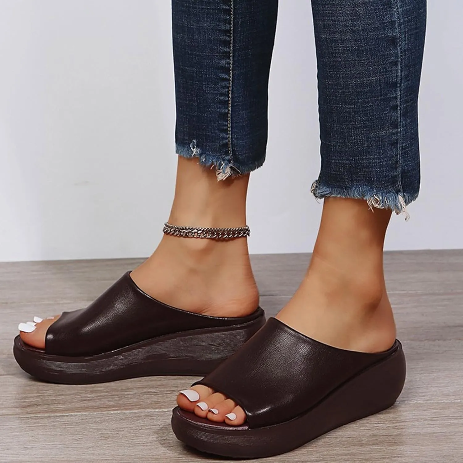 Wedge Sandals for Women Slip-On Platform High Heel Slippers Comfortable Open Toe Mules Diabetic Walking Orthopedic Sandals with Arch Support