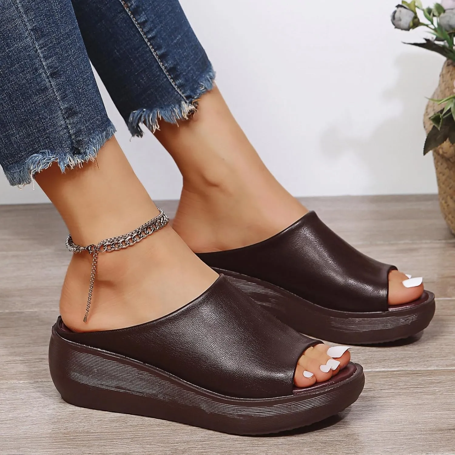 Wedge Sandals for Women Slip-On Platform High Heel Slippers Comfortable Open Toe Mules Diabetic Walking Orthopedic Sandals with Arch Support