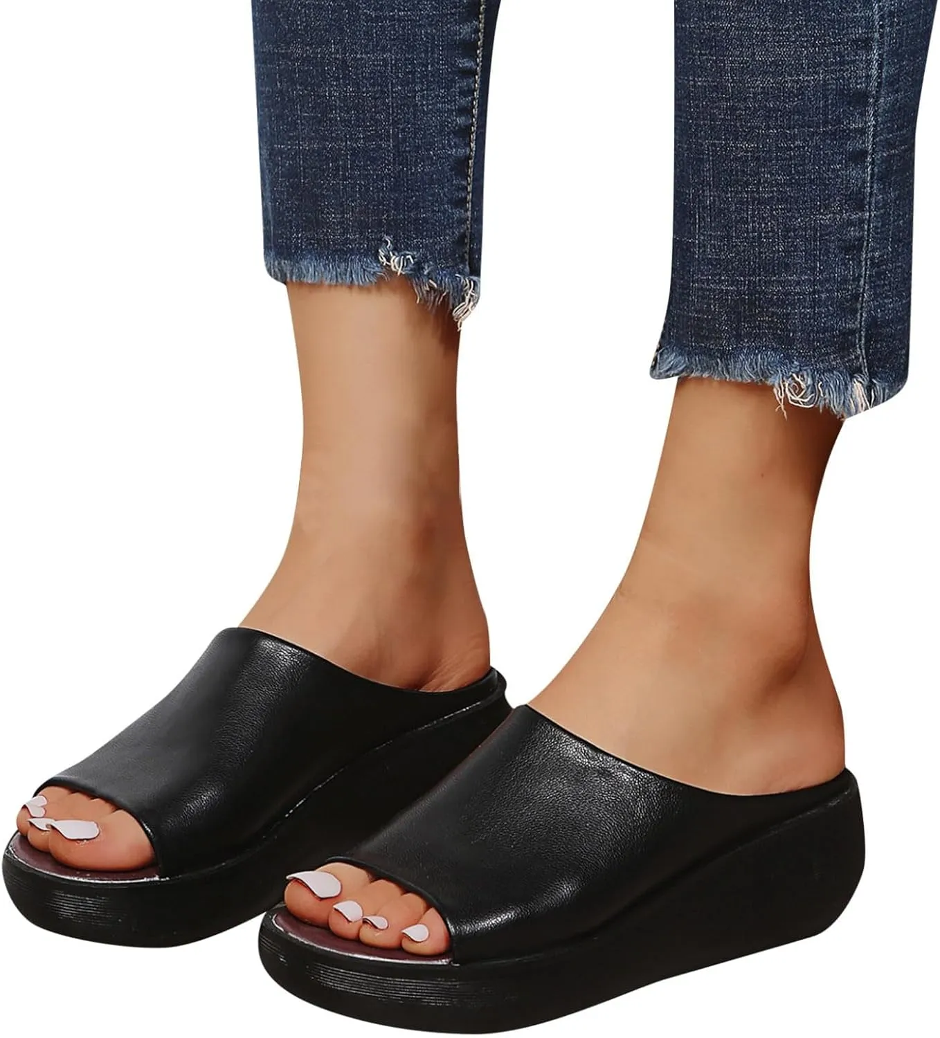 Wedge Sandals for Women Slip-On Platform High Heel Slippers Comfortable Open Toe Mules Diabetic Walking Orthopedic Sandals with Arch Support