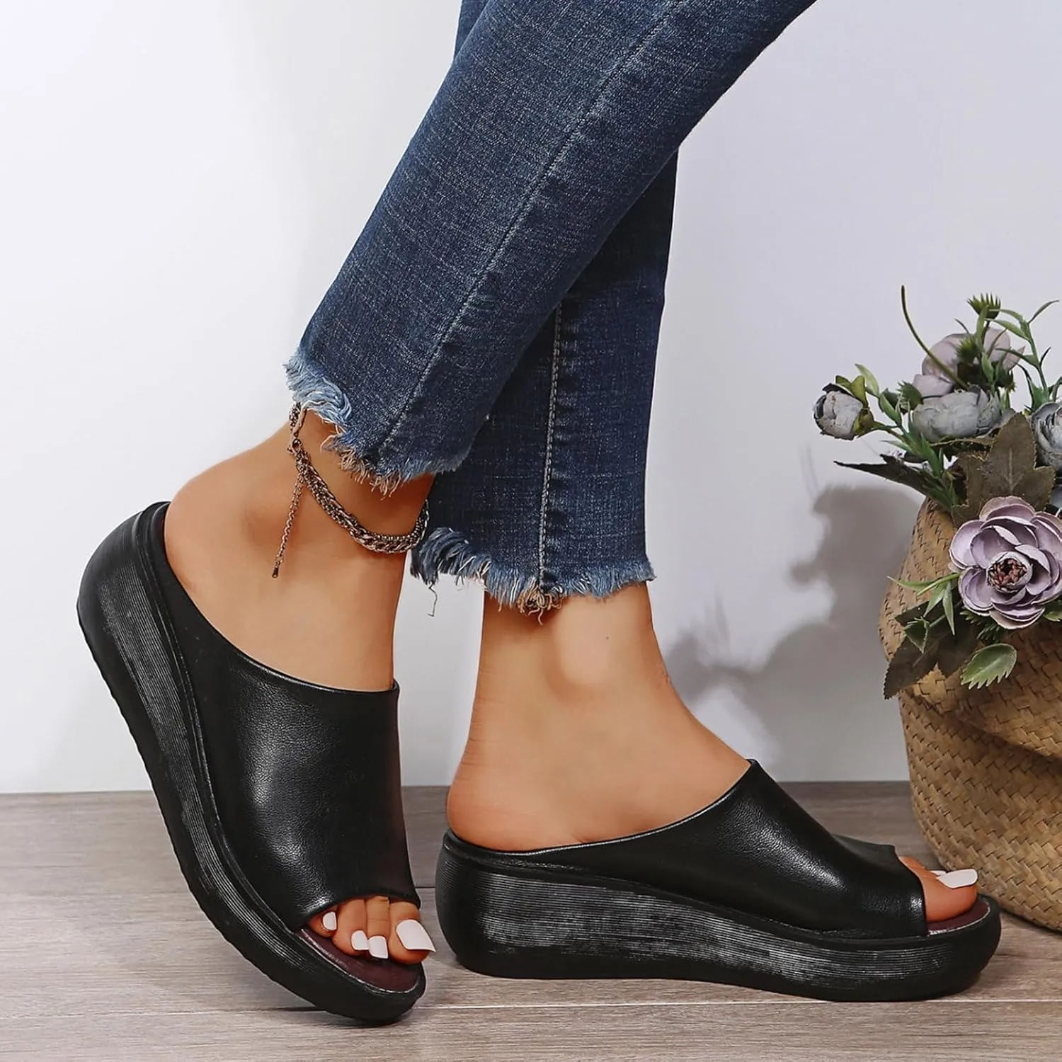 Wedge Sandals for Women Slip-On Platform High Heel Slippers Comfortable Open Toe Mules Diabetic Walking Orthopedic Sandals with Arch Support