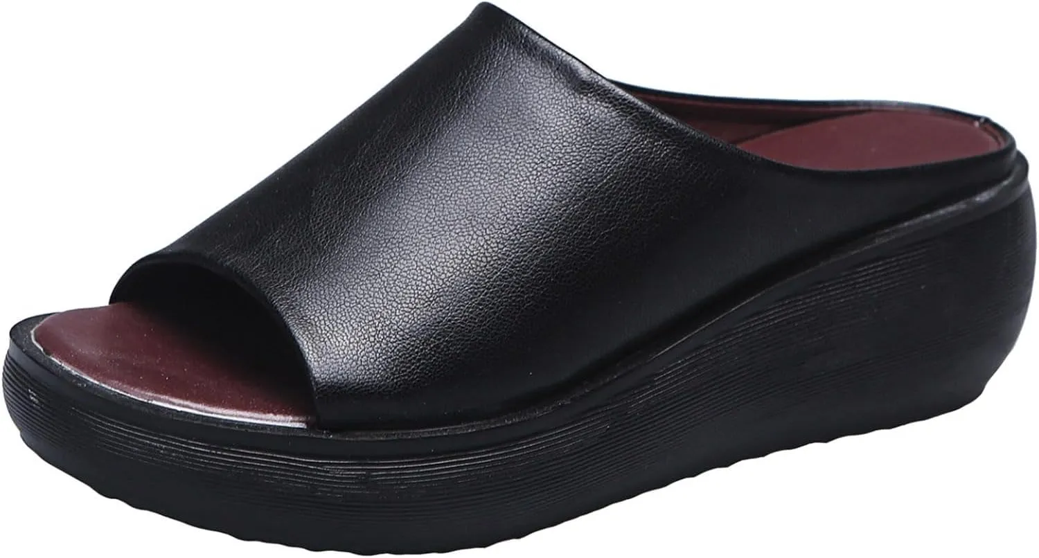 Wedge Sandals for Women Slip-On Platform High Heel Slippers Comfortable Open Toe Mules Diabetic Walking Orthopedic Sandals with Arch Support