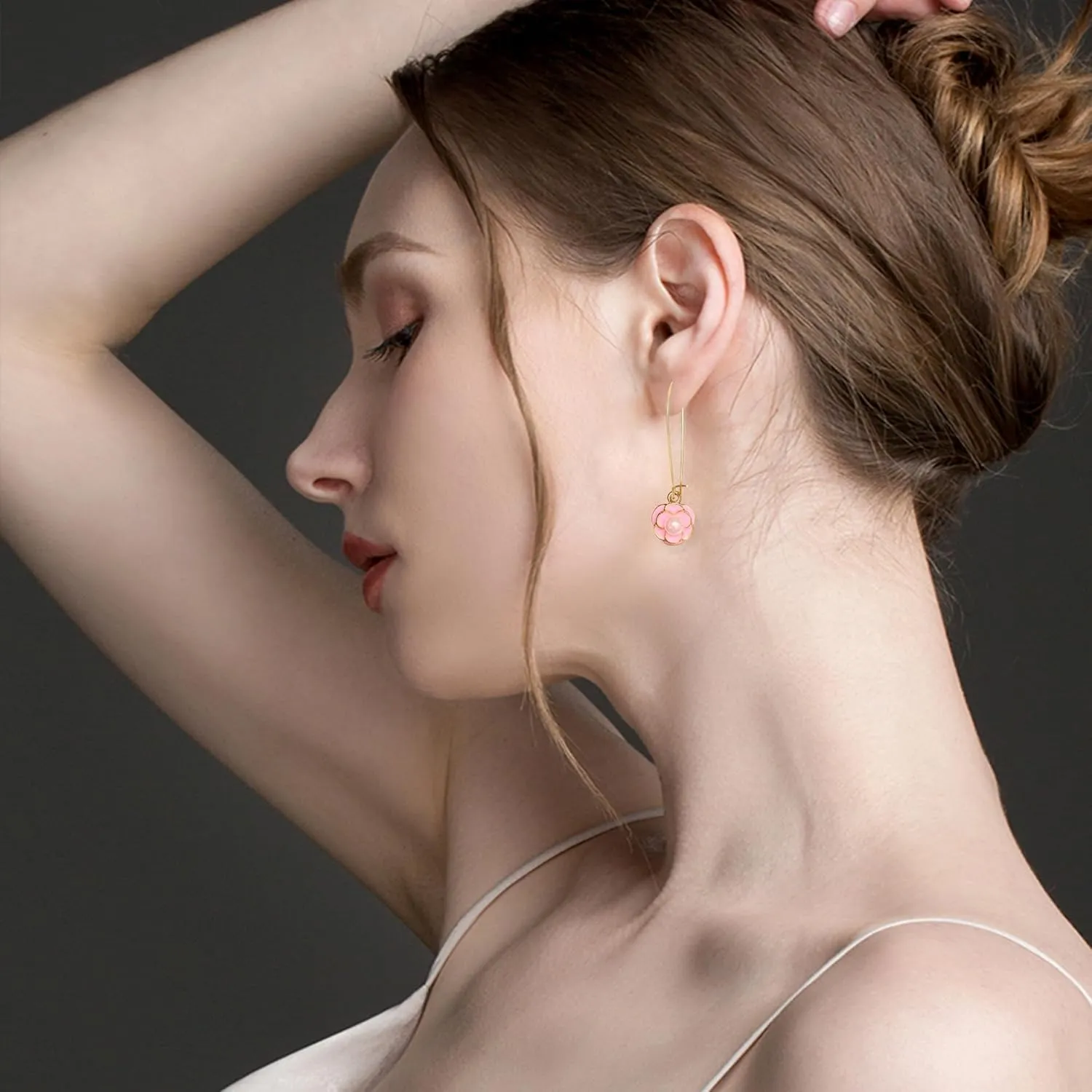 White Camellia Flower Drop Earrings Sterling Silver Post Long Fringe Pendant Petal Stud Dangle Statement Earring for Women