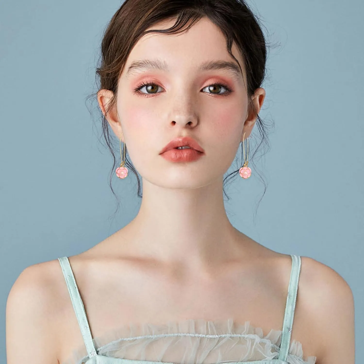 White Camellia Flower Drop Earrings Sterling Silver Post Long Fringe Pendant Petal Stud Dangle Statement Earring for Women