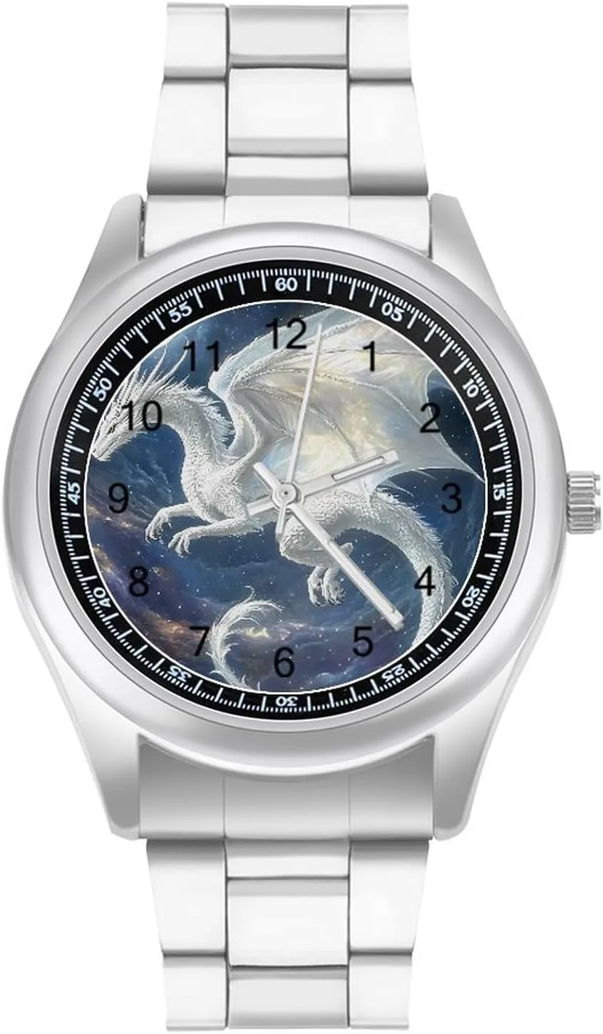 White Dragon Soaring Moon Moonlight Stainless Steel Strap Simple Business Watches for Men Easy Reader Work Casual Watch