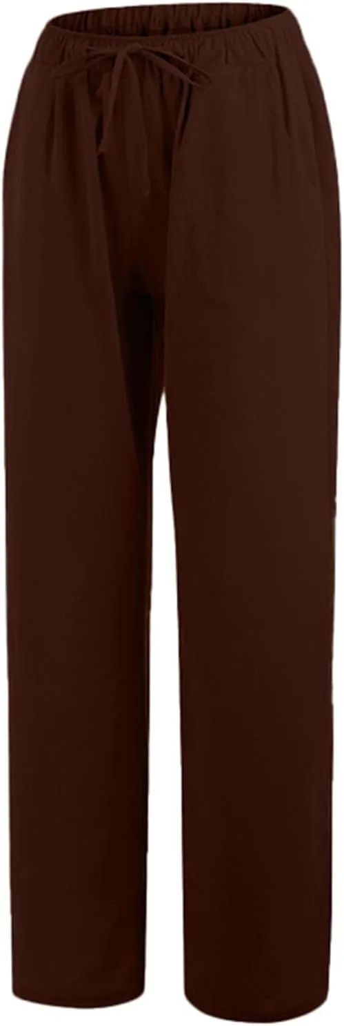 Wide Leg Linen Pants for Women Summer Baggy High Waisted Drawstring Beach Lounge Comfy Fit Trousers with Pockets