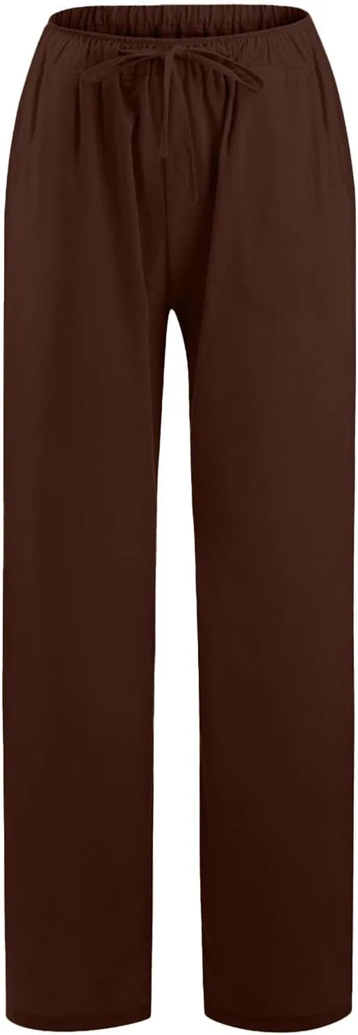 Wide Leg Linen Pants for Women Summer Baggy High Waisted Drawstring Beach Lounge Comfy Fit Trousers with Pockets