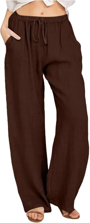 Wide Leg Linen Pants for Women Summer Baggy High Waisted Drawstring Beach Lounge Comfy Fit Trousers with Pockets