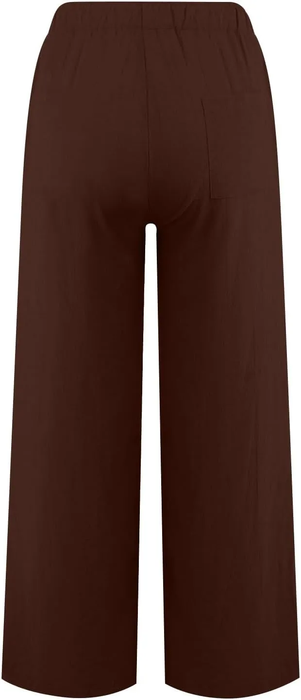 Wide Leg Linen Pants for Women Summer Baggy High Waisted Drawstring Beach Lounge Comfy Fit Trousers with Pockets