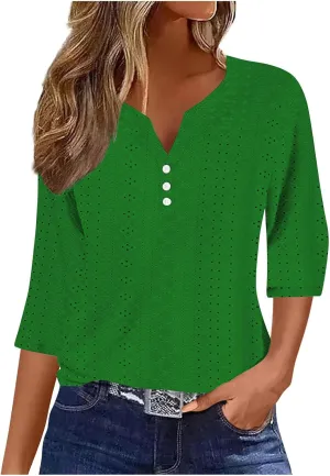 Women' 3/4 Sleeve Tops Notch V Neck Casual Shirts Lightweight Breathable Trendy Summer Beach Tunic Shirt Travel Tees