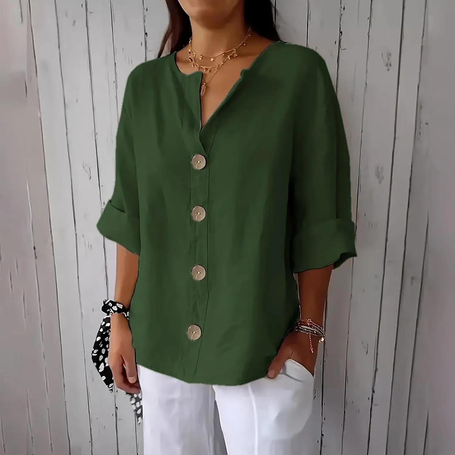 Women Boho Cotton Linen Tops Loose Fitting Summer Blouses 3/4 Sleeve V Neck Tunic Shirts Trendy Beach Clothing 2025