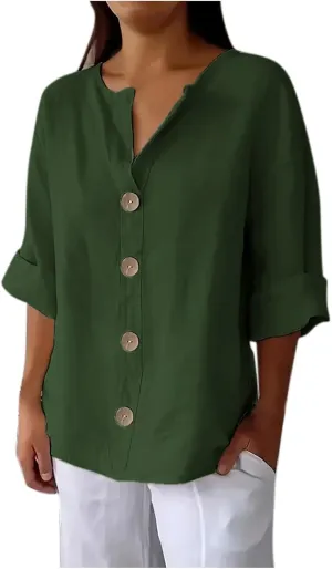 Women Boho Cotton Linen Tops Loose Fitting Summer Blouses 3/4 Sleeve V Neck Tunic Shirts Trendy Beach Clothing 2025