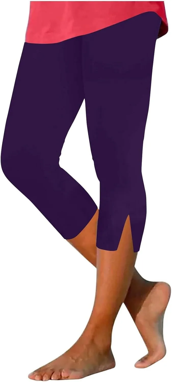 Women Capri Cropped Trousers Elasticated Waist Pants 3/4 Length Leggings Summer Trouser High Waisted Sweatpants
