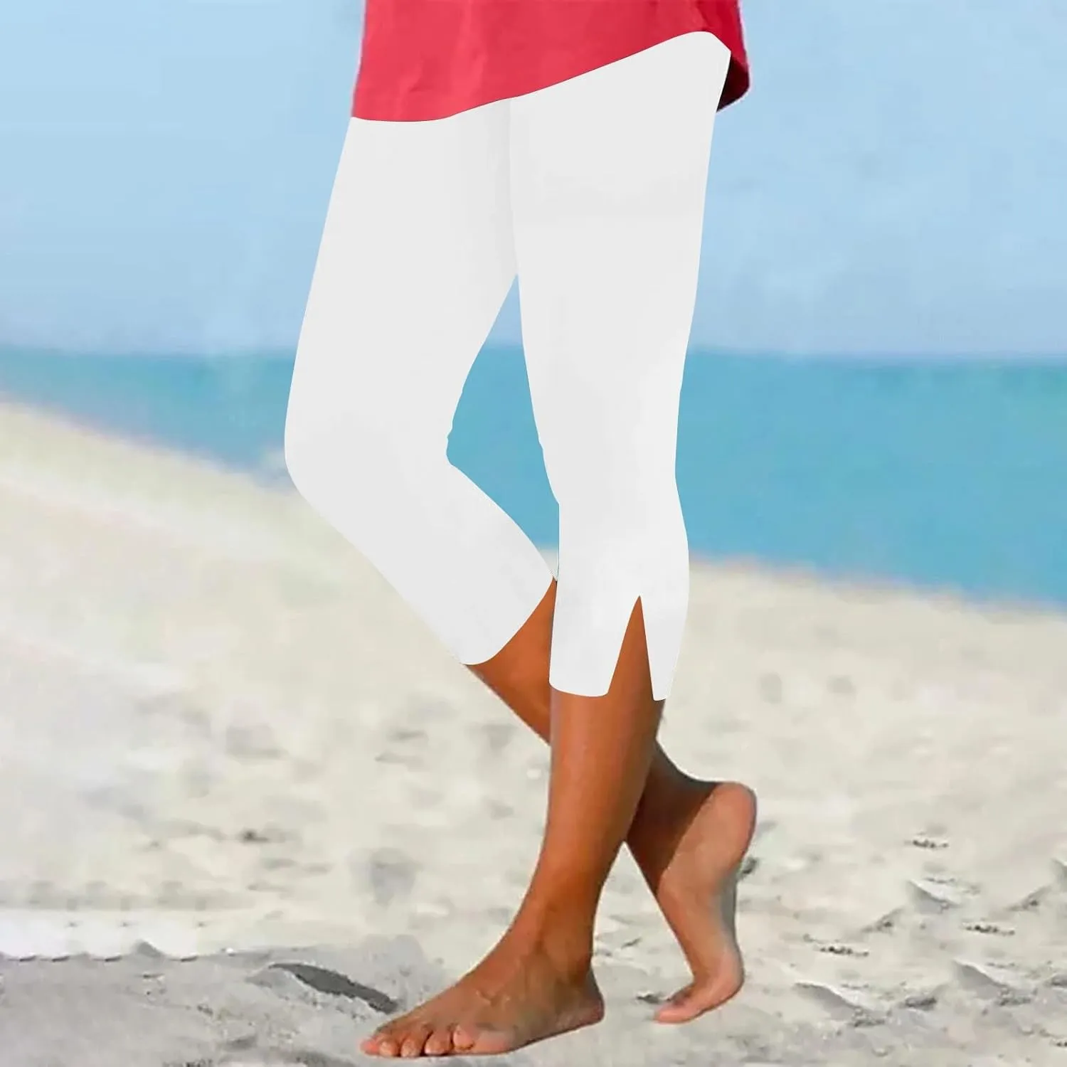 Women Capri Cropped Trousers Elasticated Waist Pants 3/4 Length Leggings Summer Trouser High Waisted Sweatpants