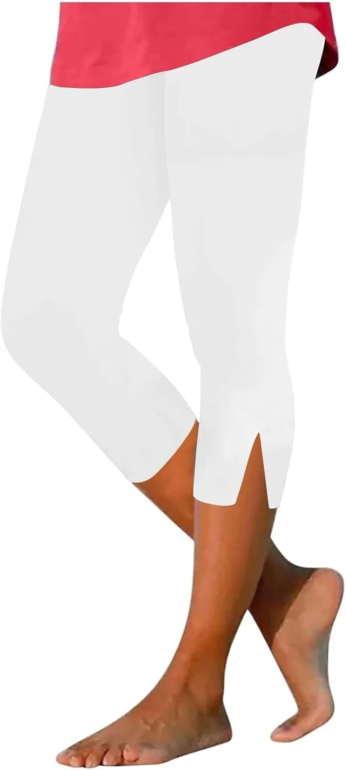 Women Capri Cropped Trousers Elasticated Waist Pants 3/4 Length Leggings Summer Trouser High Waisted Sweatpants