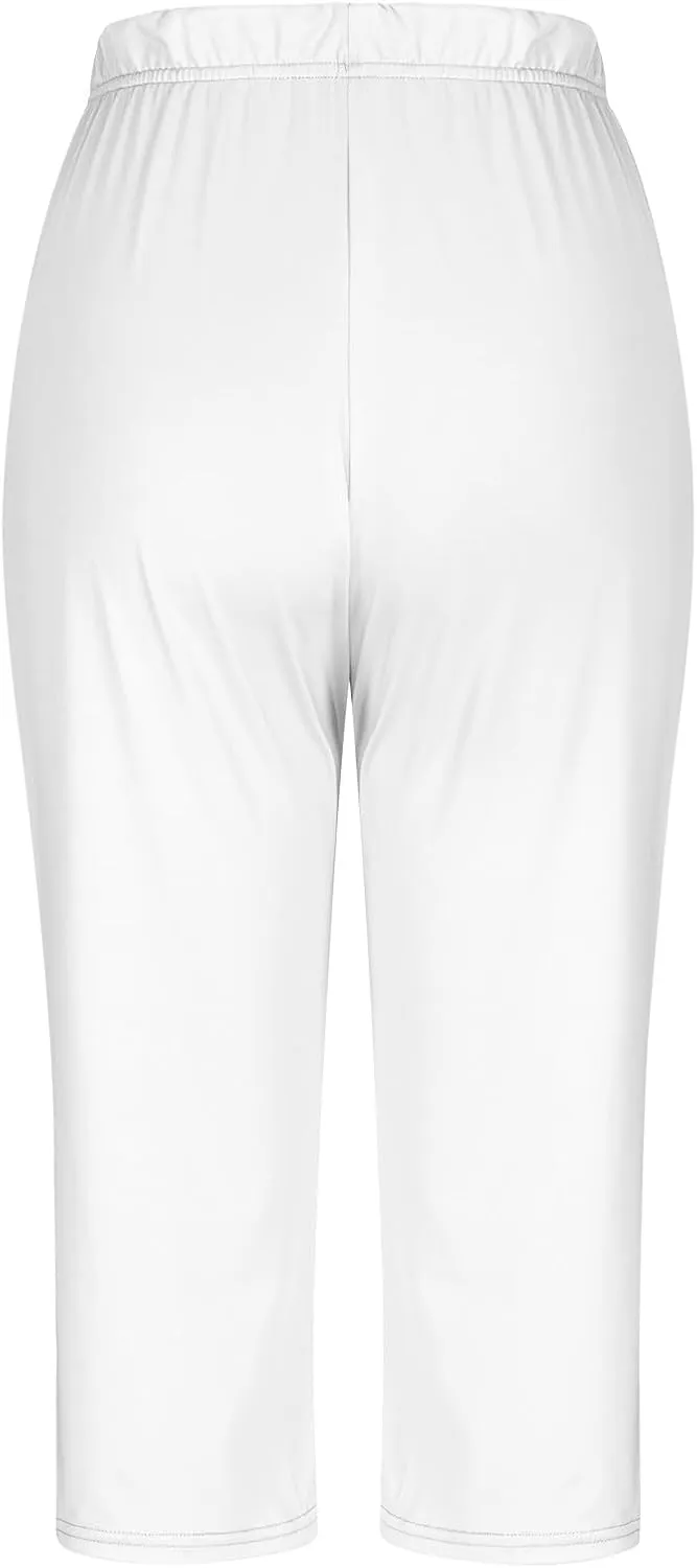 Women Capri Cropped Trousers Elasticated Waist Pants 3/4 Length Leggings Summer Trouser High Waisted Sweatpants