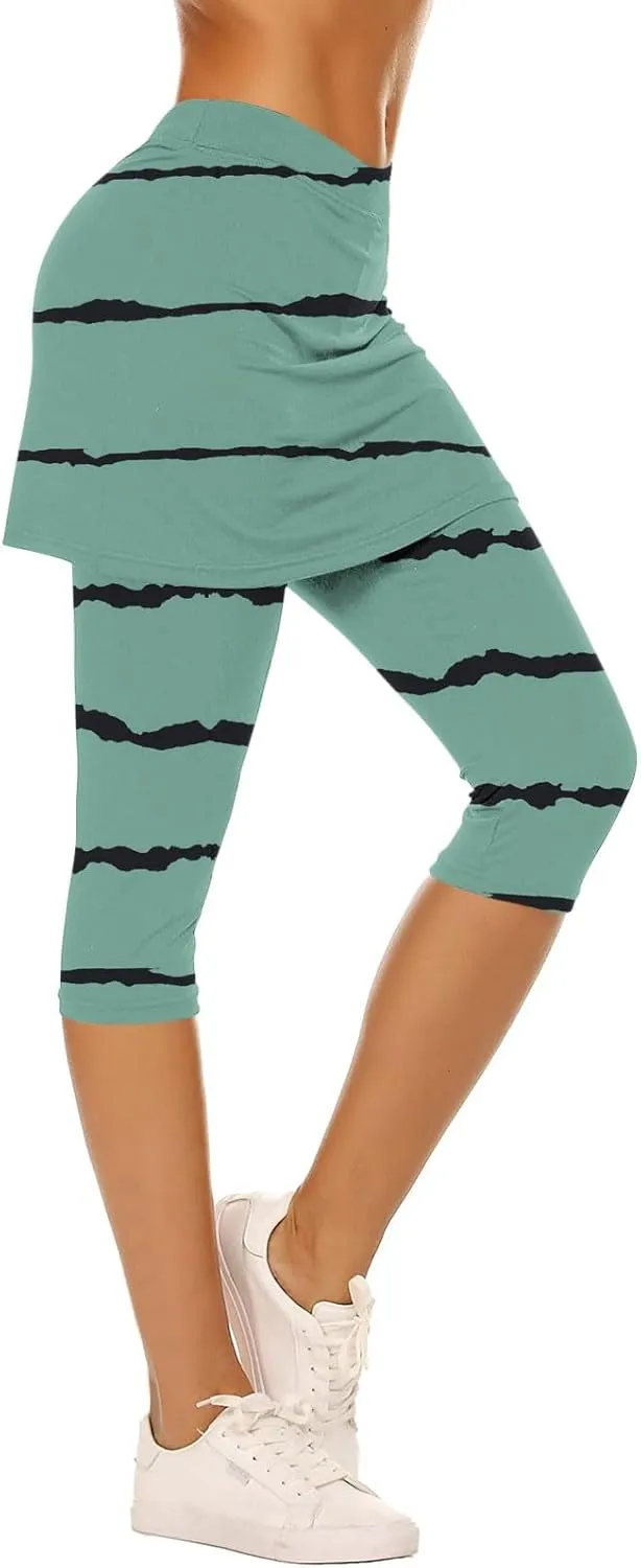 Women Cropped Trousers with Skirt, Ladies Stripe Capri Leggings 3/4 Length Yoga Pants, Elasticated Waist Sweatpants