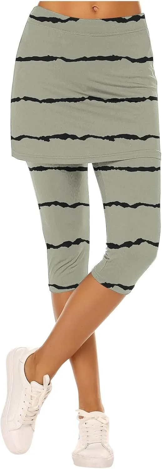 Women Cropped Trousers with Skirt, Ladies Stripe Capri Leggings 3/4 Length Yoga Pants, Elasticated Waist Sweatpants