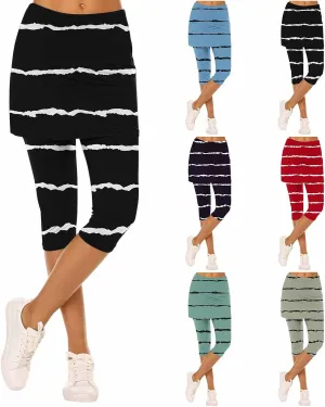 Women Cropped Trousers with Skirt, Ladies Stripe Capri Leggings 3/4 Length Yoga Pants, Elasticated Waist Sweatpants
