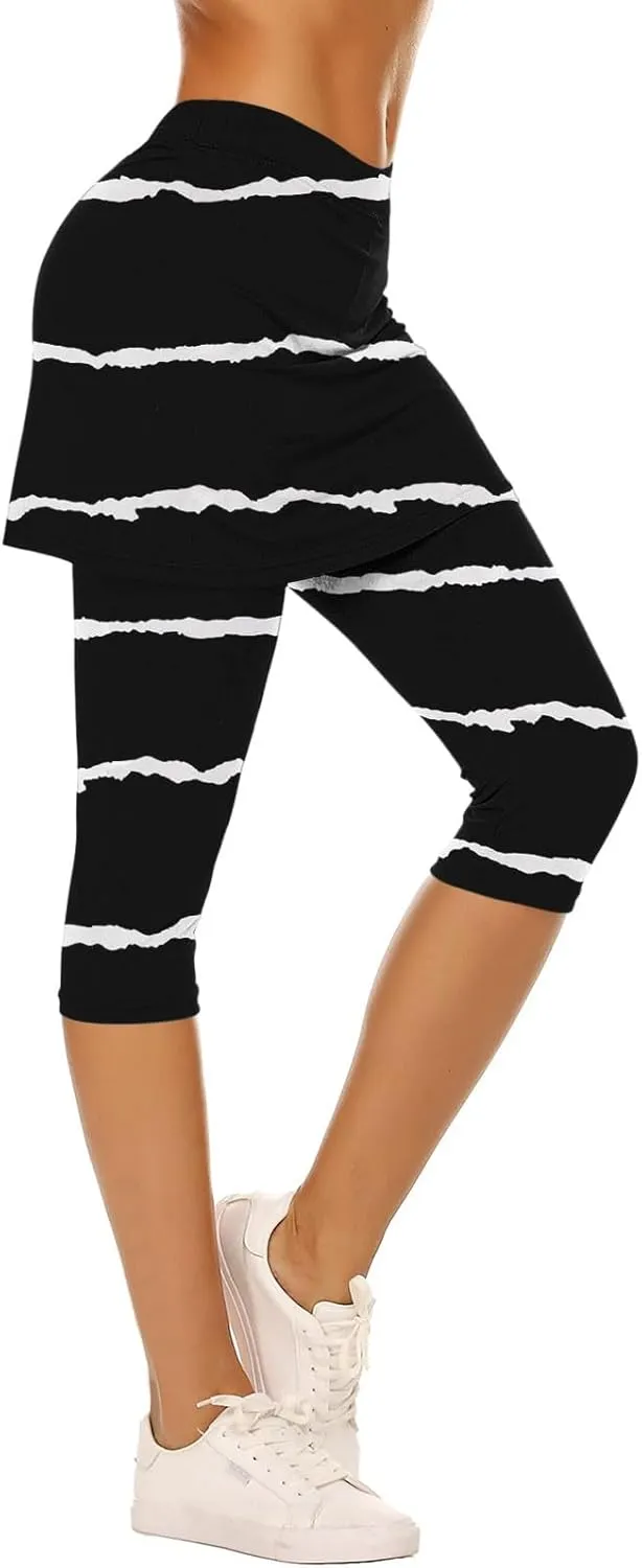 Women Cropped Trousers with Skirt, Ladies Stripe Capri Leggings 3/4 Length Yoga Pants, Elasticated Waist Sweatpants