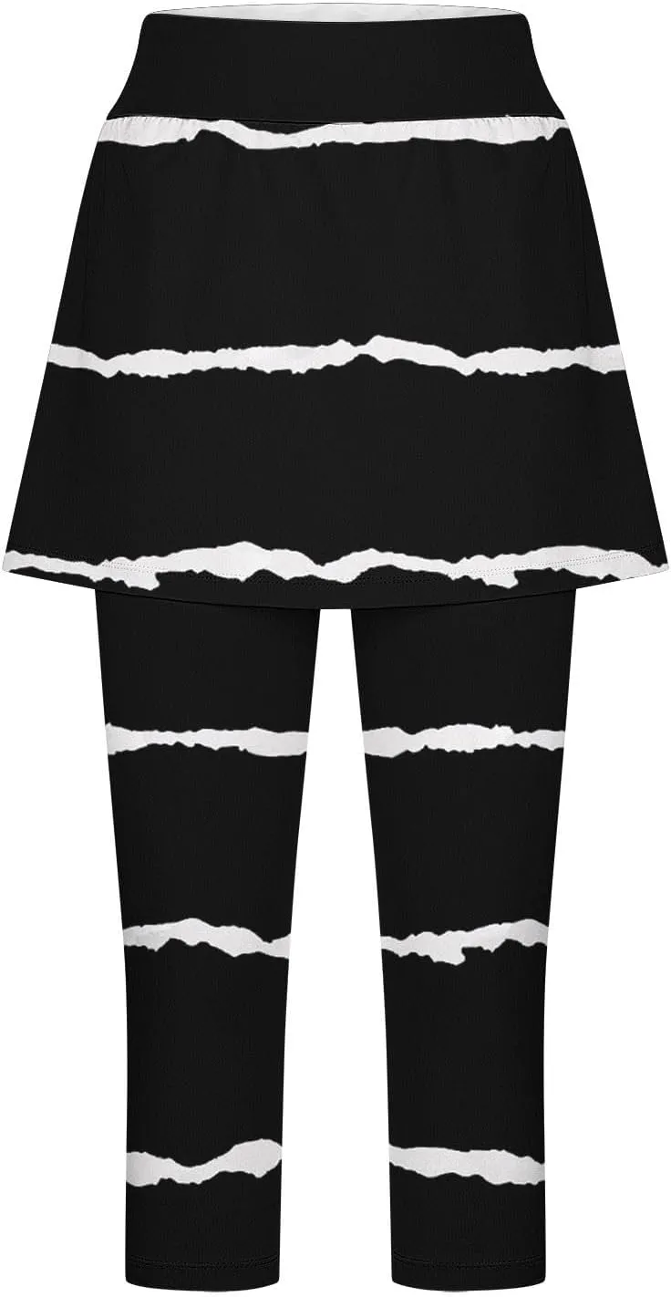 Women Cropped Trousers with Skirt, Ladies Stripe Capri Leggings 3/4 Length Yoga Pants, Elasticated Waist Sweatpants