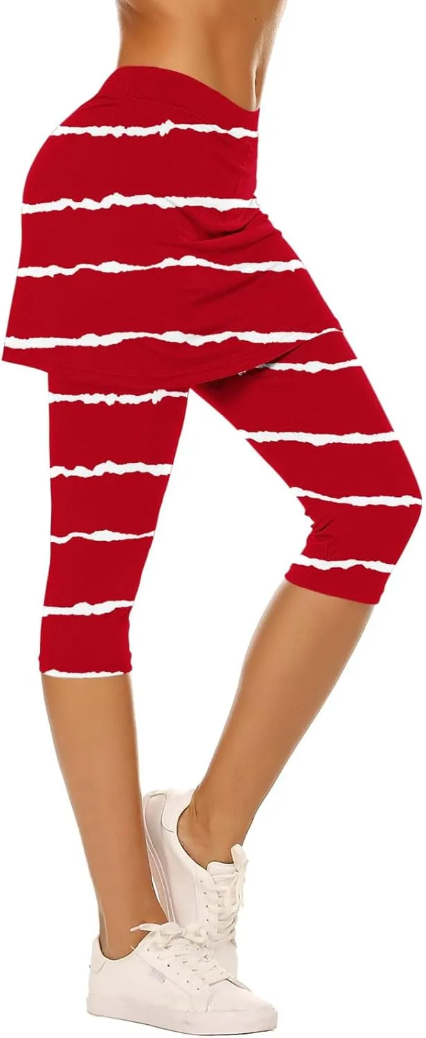 Women Cropped Trousers with Skirt, Ladies Stripe Capri Leggings 3/4 Length Yoga Pants, Elasticated Waist Sweatpants