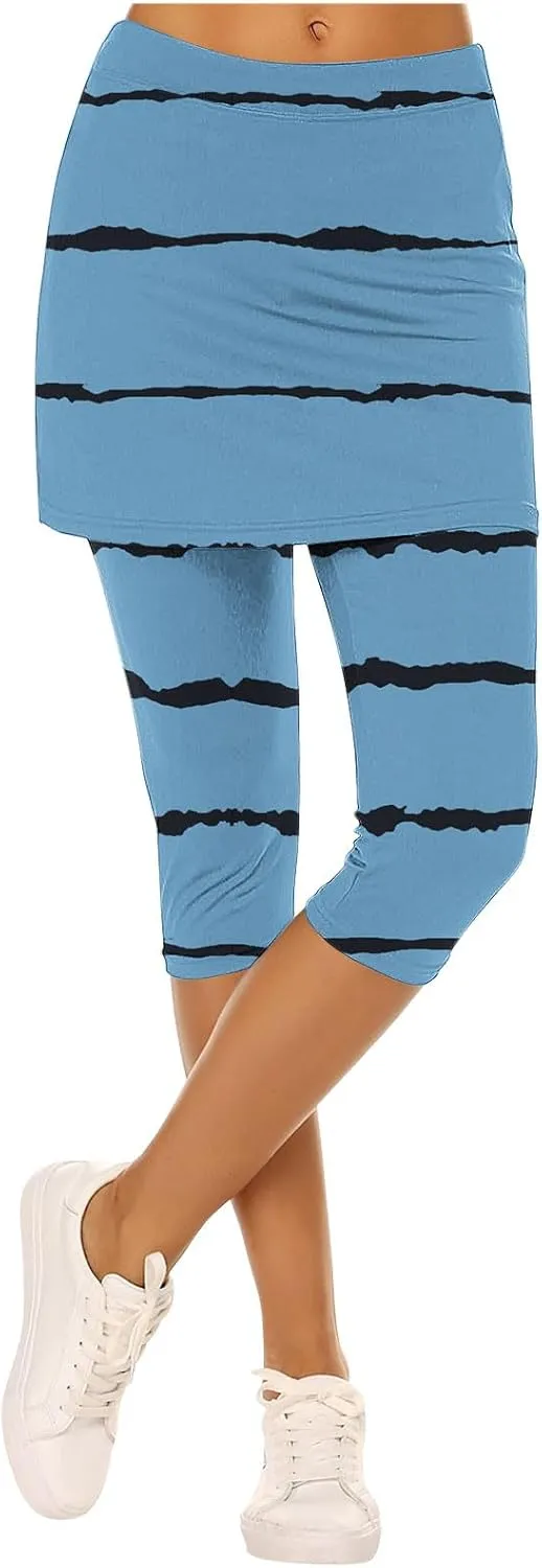 Women Cropped Trousers with Skirt, Ladies Stripe Capri Leggings 3/4 Length Yoga Pants, Elasticated Waist Sweatpants