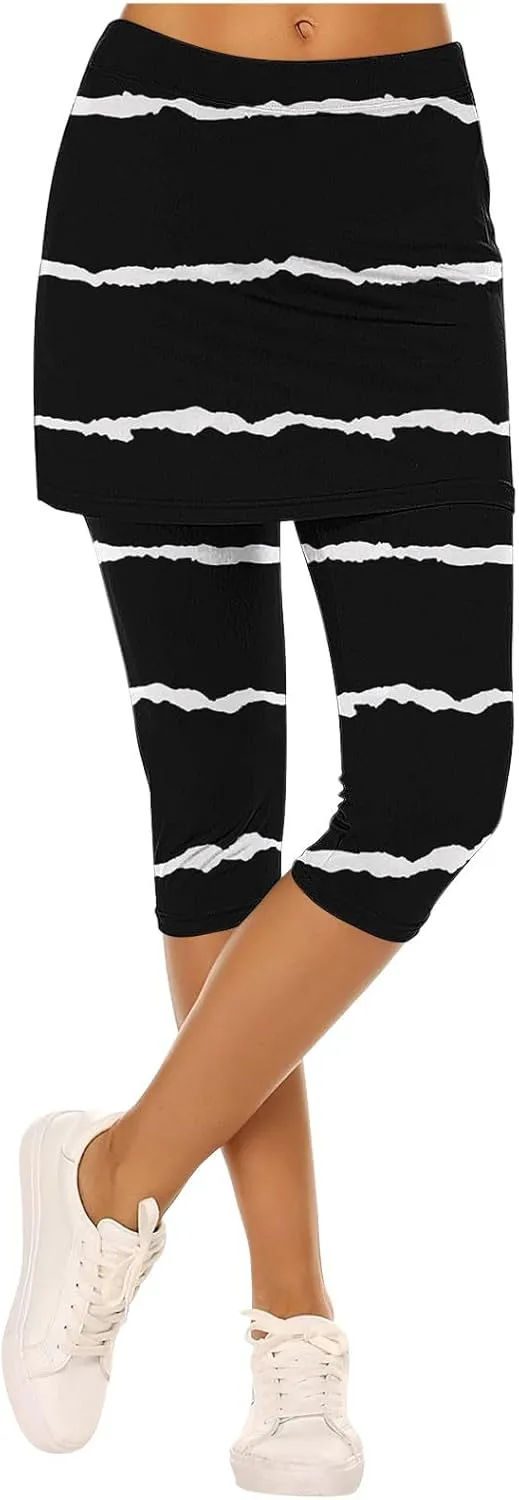 Women Cropped Trousers with Skirt, Ladies Stripe Capri Leggings 3/4 Length Yoga Pants, Elasticated Waist Sweatpants