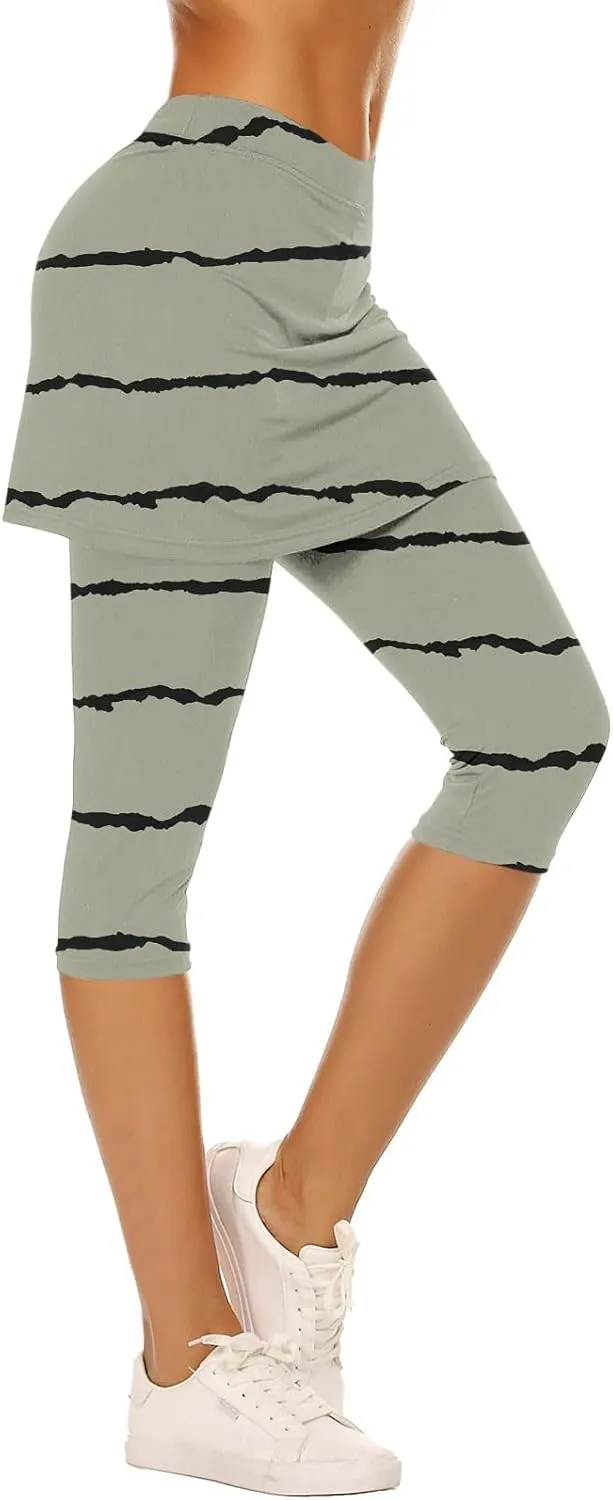 Women Cropped Trousers with Skirt, Ladies Stripe Capri Leggings 3/4 Length Yoga Pants, Elasticated Waist Sweatpants