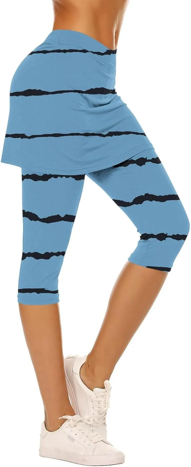 Women Cropped Trousers with Skirt, Ladies Stripe Capri Leggings 3/4 Length Yoga Pants, Elasticated Waist Sweatpants