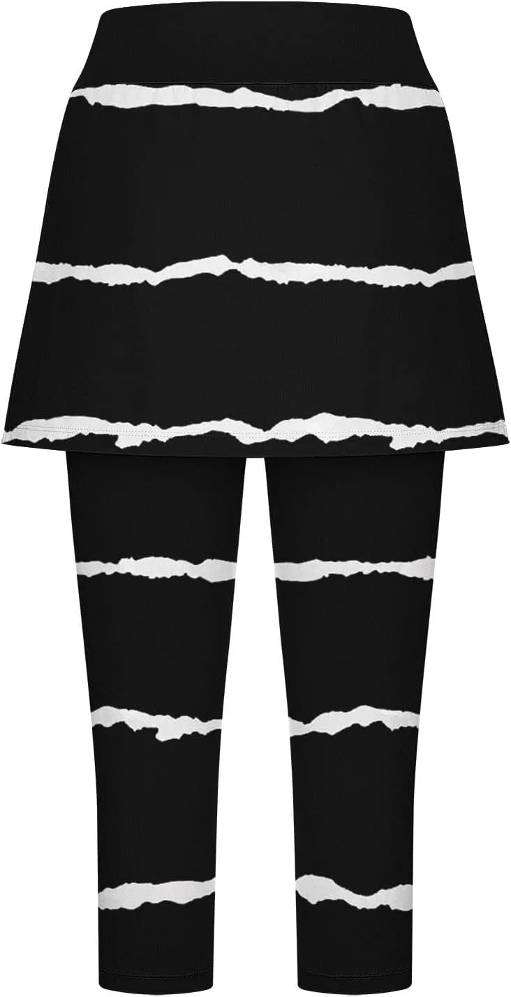 Women Cropped Trousers with Skirt, Ladies Stripe Capri Leggings 3/4 Length Yoga Pants, Elasticated Waist Sweatpants