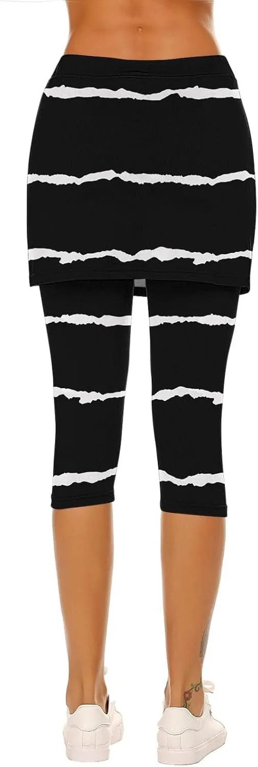 Women Cropped Trousers with Skirt, Ladies Stripe Capri Leggings 3/4 Length Yoga Pants, Elasticated Waist Sweatpants