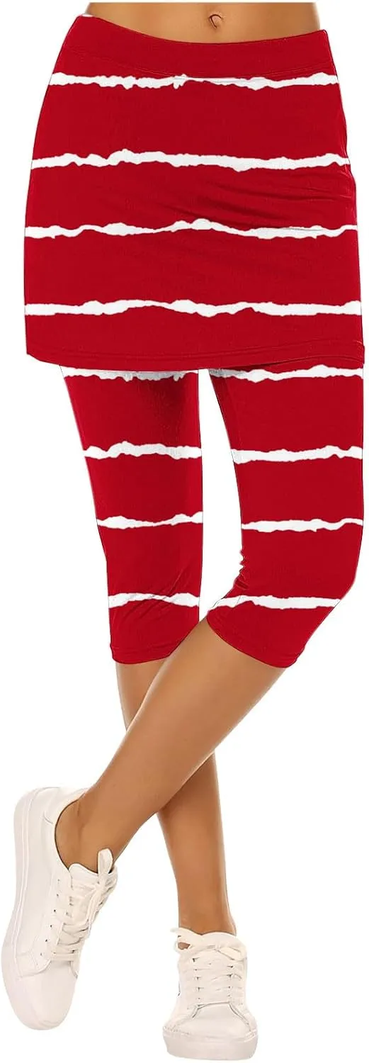 Women Cropped Trousers with Skirt, Ladies Stripe Capri Leggings 3/4 Length Yoga Pants, Elasticated Waist Sweatpants