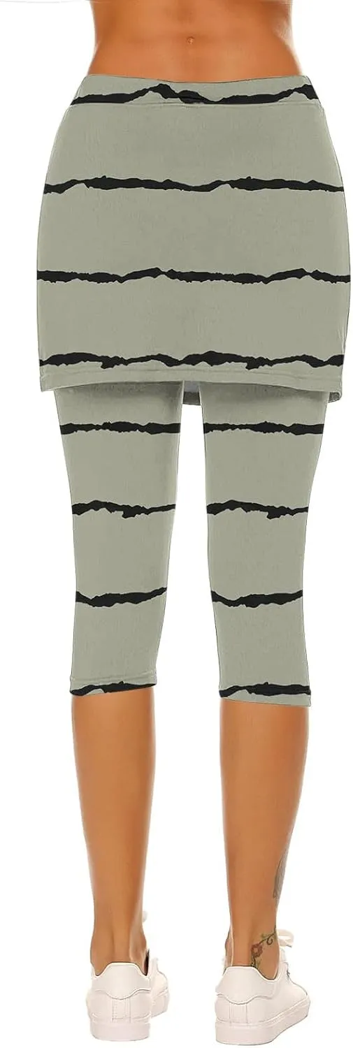 Women Cropped Trousers with Skirt, Ladies Stripe Capri Leggings 3/4 Length Yoga Pants, Elasticated Waist Sweatpants