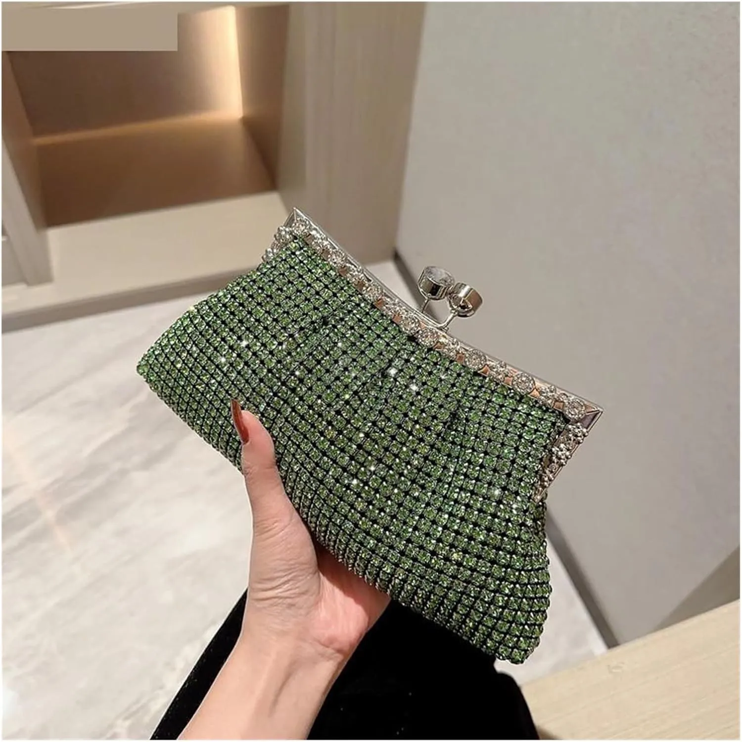 Women Elegant Party Rhinestone Evening Clutch Bag Wedding Purse Prom Banquet Handbag Female Shoulder Crossbody Bag(Green)