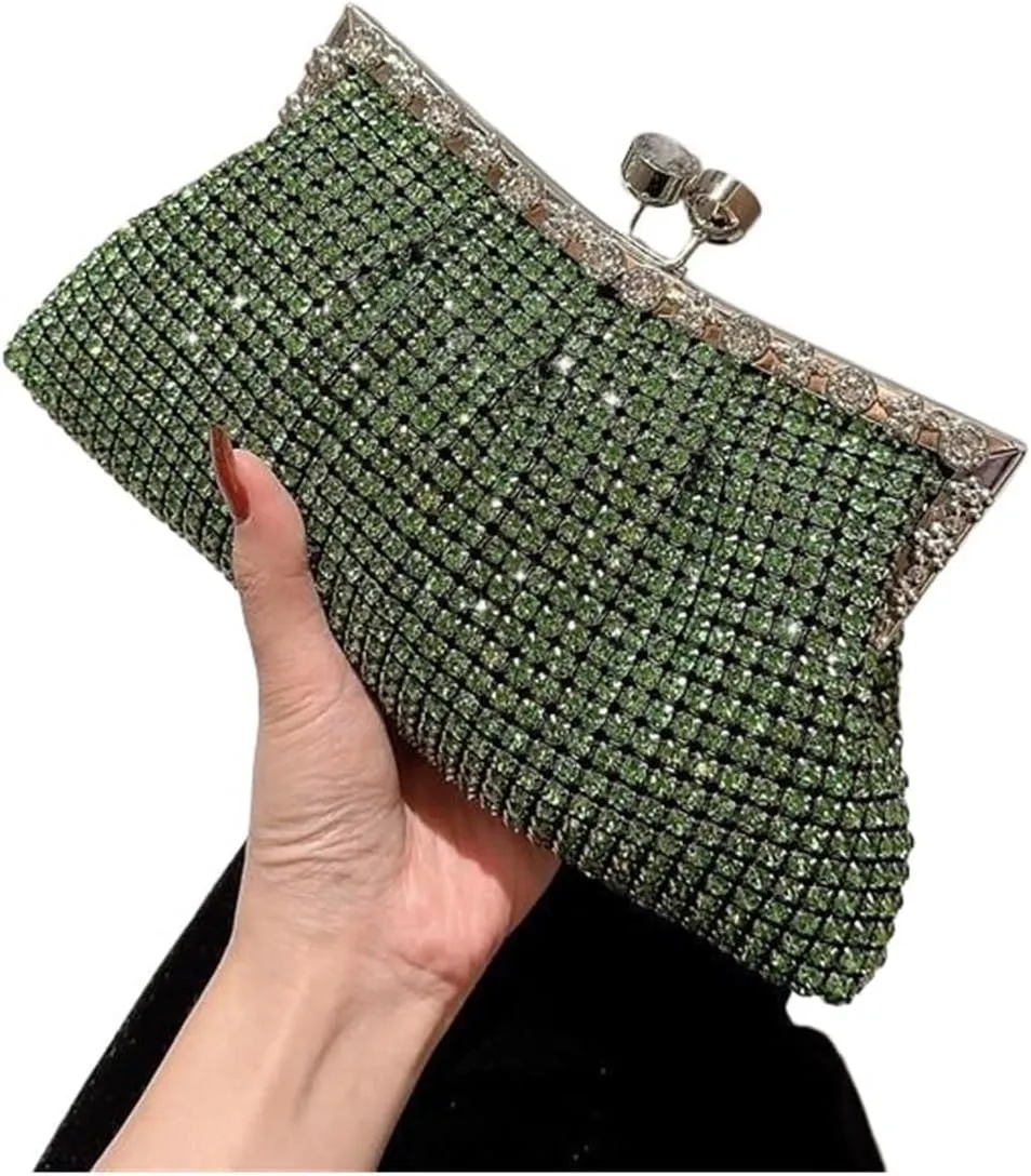 Women Elegant Party Rhinestone Evening Clutch Bag Wedding Purse Prom Banquet Handbag Female Shoulder Crossbody Bag(Green)