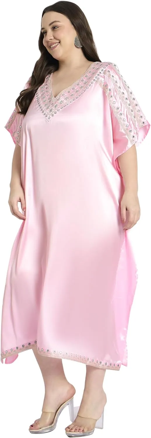 Women Embroidery Fancy Long Kaftan Plus Size Satin Silky Maxi Dress Embroidered African Caftan Kimono Gown Dresses