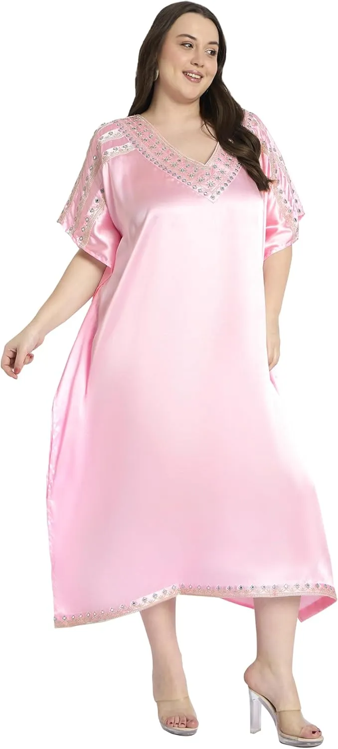 Women Embroidery Fancy Long Kaftan Plus Size Satin Silky Maxi Dress Embroidered African Caftan Kimono Gown Dresses