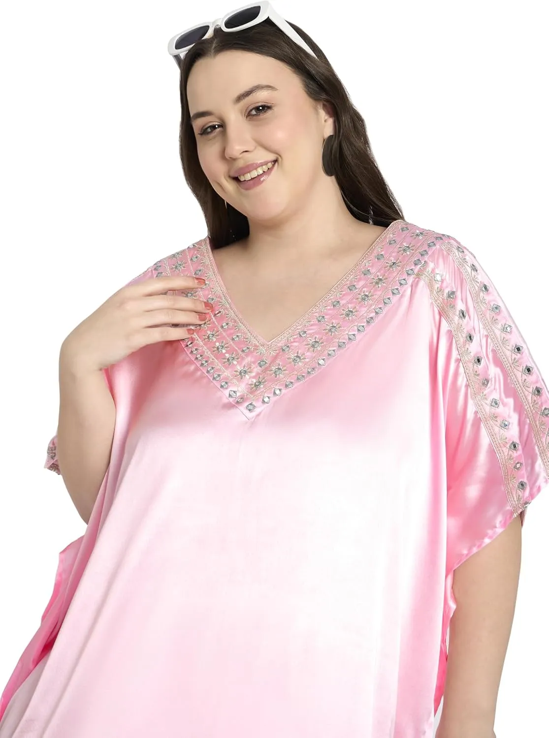 Women Embroidery Fancy Long Kaftan Plus Size Satin Silky Maxi Dress Embroidered African Caftan Kimono Gown Dresses