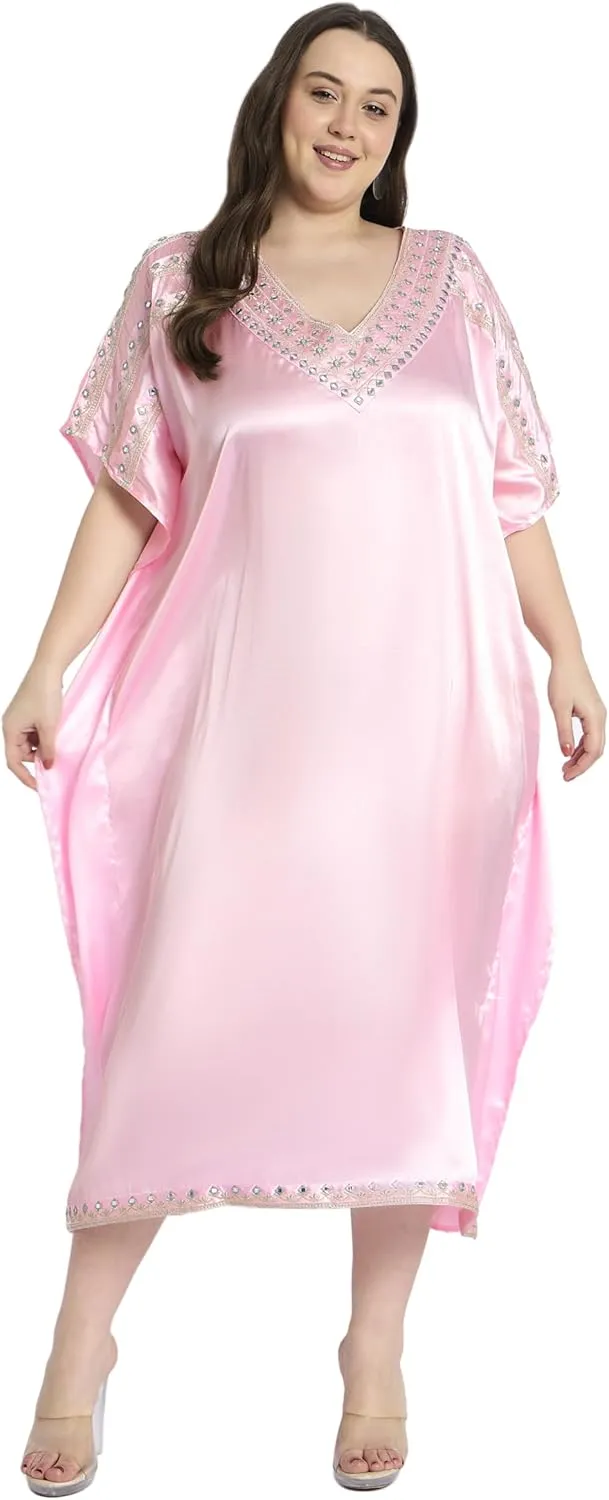 Women Embroidery Fancy Long Kaftan Plus Size Satin Silky Maxi Dress Embroidered African Caftan Kimono Gown Dresses