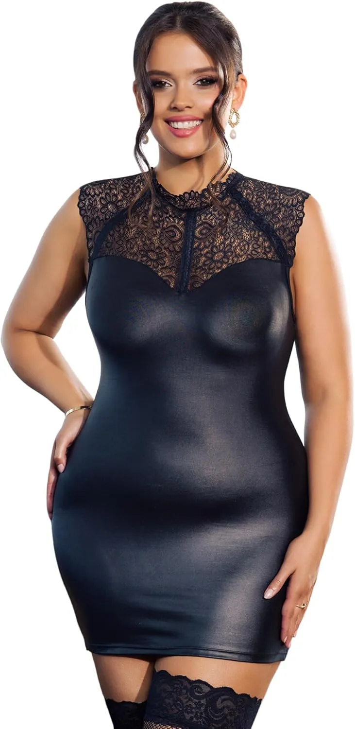 Women Faux Leather Mini Dress Plus Size Tights Soft Club Dress Sexy Bodycon Dress Party Lace Nightclub