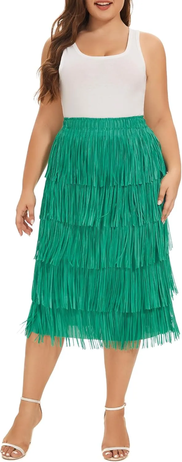 Women Fringe Skirt Elastic Waist Tiered Tassel Bodycon Midi Pencil Skirts for Night-Out Party Daily