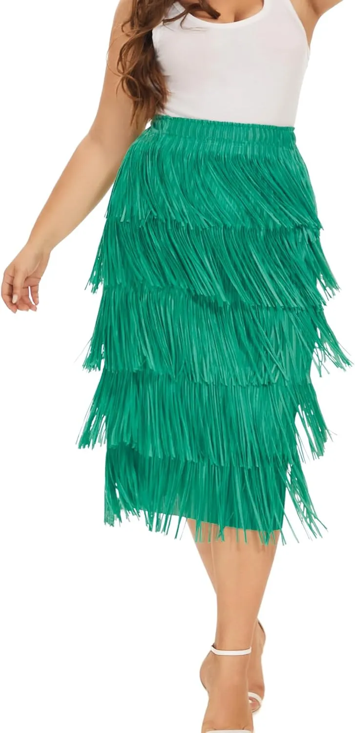 Women Fringe Skirt Elastic Waist Tiered Tassel Bodycon Midi Pencil Skirts for Night-Out Party Daily