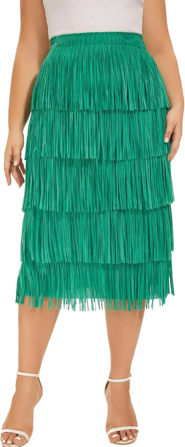 Women Fringe Skirt Elastic Waist Tiered Tassel Bodycon Midi Pencil Skirts for Night-Out Party Daily