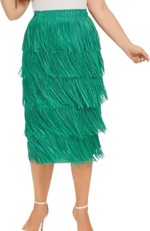 Women Fringe Skirt Elastic Waist Tiered Tassel Bodycon Midi Pencil Skirts for Night-Out Party Daily