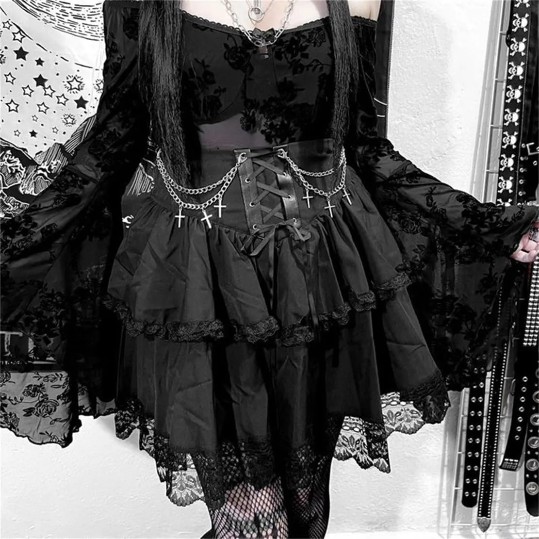 Women Gothic Mini Skirt Fairy Grunge Punk High Waisted A-Line Pleated Skirts Y2k E-Girl Long Maxi Skirt