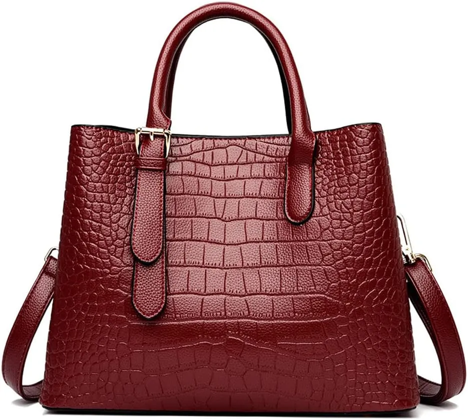 Women Handbags Classic Top Handle Purse Crocodile Pattern Leather Handbag Satchel Briefcase Totes Bags Shoulder Bag-Red