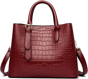 Women Handbags Classic Top Handle Purse Crocodile Pattern Leather Handbag Satchel Briefcase Totes Bags Shoulder Bag-Red