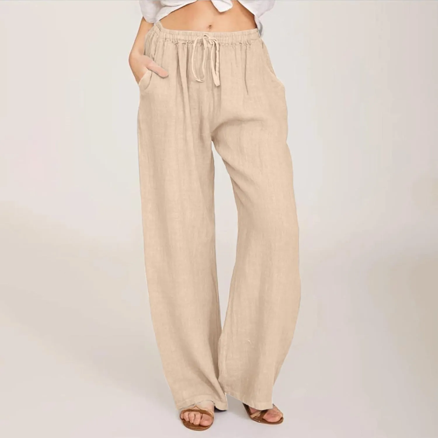 Women High Waisted Cotton Linen Pants Drawstring Palazzo Pants Summer Long Lounge Pant Trousers with Pocket