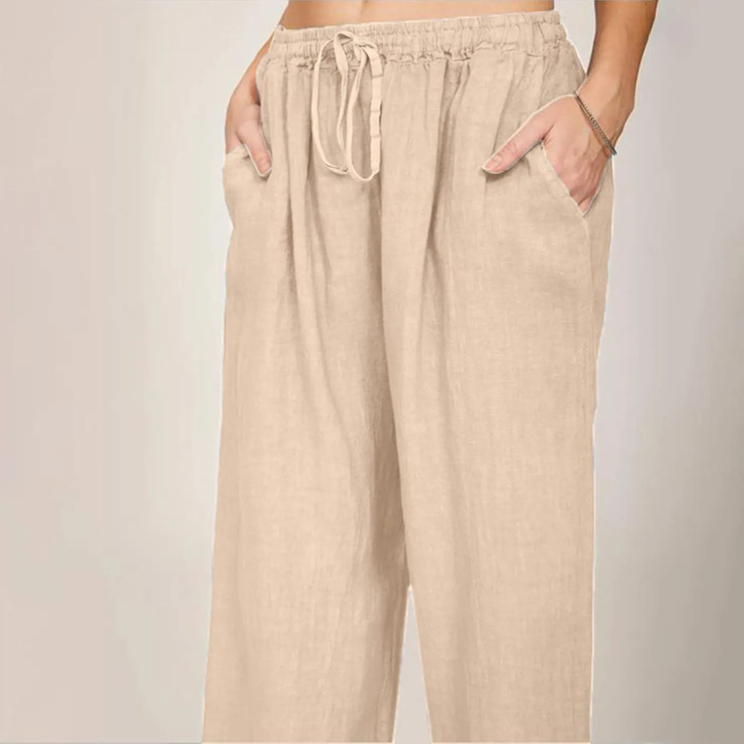 Women High Waisted Cotton Linen Pants Drawstring Palazzo Pants Summer Long Lounge Pant Trousers with Pocket