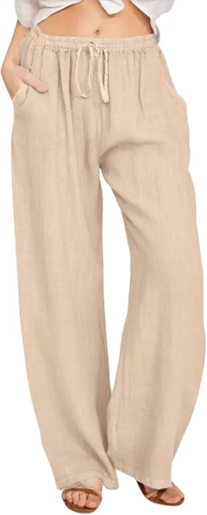 Women High Waisted Cotton Linen Pants Drawstring Palazzo Pants Summer Long Lounge Pant Trousers with Pocket